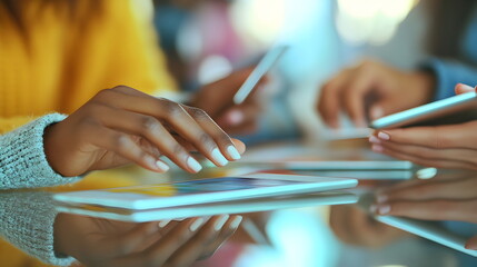 A close-up of hands holding a tablet showing a corporate sustainability dashboard, with data on clean energy usage and carbon reduction, blurred background of a green office with natural lighting