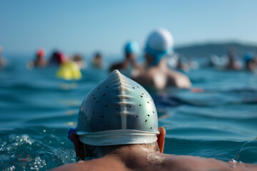 A group of swimmers in open water, with a focus on one swimmer wearing a silver swim cap. The background features other swimmers and a clear blue sky, creating a vibrant and active atmosphere.