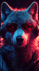 Canvas Print - Wolf with headphones and sunglasses in neon light.