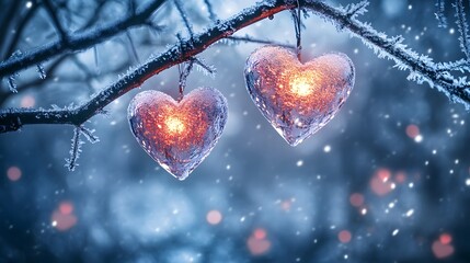 Two glowing glass hearts hang from the branches of an ice-covered tree, set against a snowy background with bokeh lights and a blue color scheme