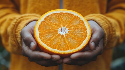 Close-up of hands holding a halved orange.