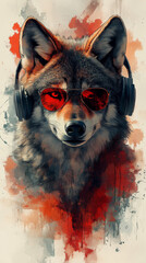 Wall Mural - Cool wolf wearing headphones and red sunglasses.