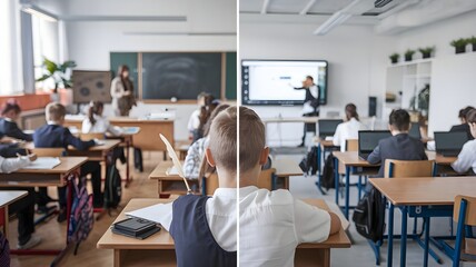 Old vs. New educational tools. Left side showing students sitting at wooden desks with ink and quill pens and right side features students using laptops and tablets in an open, tech-enabled classroom.