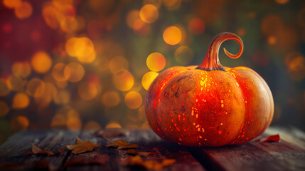 Halloween pumpkin on the table bokeh effect