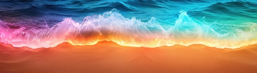 Ocean waves made of liquid rainbows crashing against a shore of glowing sand, symbolizing the blending of nature and imagination, fantastical and vibrant