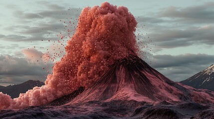 A large volcano erupts with a plume of pink ash and smoke.