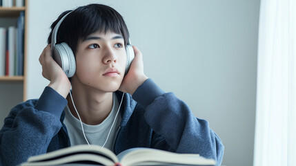 Teen Boy with Headphones Listening While Studying