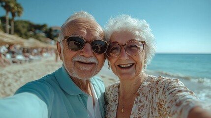 senior couple capturing beach memories with a joyful selfie, embracing the fun and relaxation of their retirement, smiling and enjoying the ocean, sand, and waves together