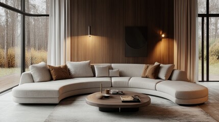 Curved sofa in a cozy, well-lit living room