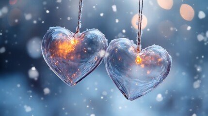 Two glowing glass hearts hang from the branches of an ice-covered tree, set against a snowy background with bokeh lights and a blue color scheme