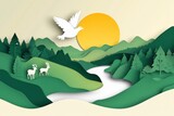 Paper art in the style of a green forest with deer and a dove bird on top, against a white background.