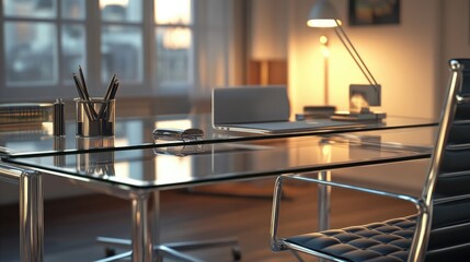 Elegant glass-top desk with a metal frame and stylish desktop accessories