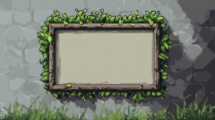 A wooden frame covered with vines, set against a stone wall, appears empty.