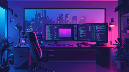 background with a game development studio, featuring coding screens, design tools, and an innovative, creative workspace