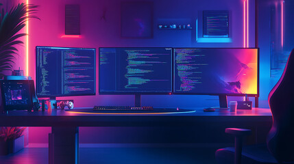 background with a game development studio, featuring coding screens, design tools, and an innovative, creative workspace