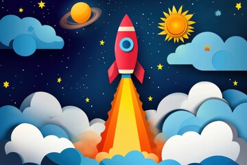 Wall Mural - Illustration of a rocket taking off, with a space background featuring the sun and stars, in a paper-cut style.