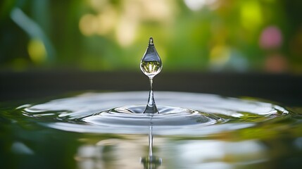 Water droplet creating ripples, nature background, serene and calming atmosphere.