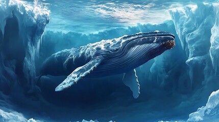 Wall Mural - A large humpback whale swims through a channel of icebergs in the Arctic ocean.