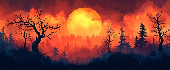 Wall Mural - silhouetted trees against a vibrant red and orange sunset sky with a large, bright moon.