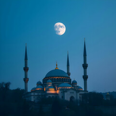 A picture of a mosque with a moon in the background