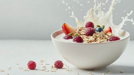 A healthy bowl of oats and cereal, topped with fresh fruits and seeds, placed on a white surface with milk splashing into the bowl, representing a nutritious start to the day.