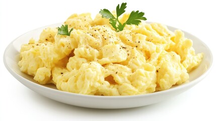 A plate of fluffy scrambled eggs, golden and soft, isolated on a clean white background, emphasizing the simplicity of a classic breakfast dish.