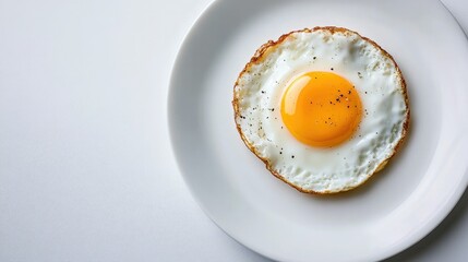 A round fried egg with a perfectly cooked yolk, sitting on a white plate against a white background, ideal for a clean, fresh food concept.