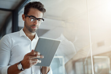 tablet, research and businessman in office online for social media, report and planning in workplace