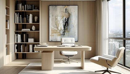 Modern study room featuring a light wood desk, white leather chair, contemporary bookshelves, abstract painting, and large windows showcasing city views.