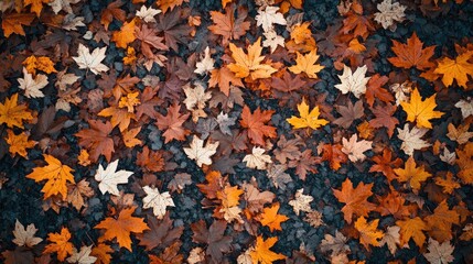 A colorful array of orange and brown maple leaves covers the ground in a beautiful autumn scene viewed from an aerial perspective