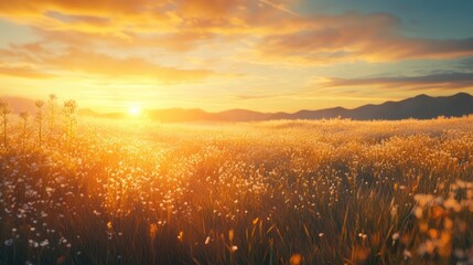 Tranquil Meadow at Sunset with Extended Shadows