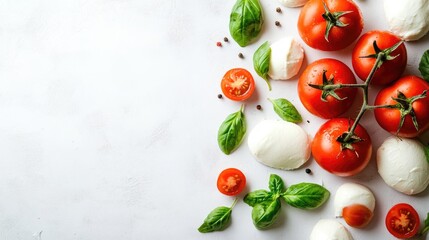 Fresh mozzarella cheese and ripe tomatoes with basil on a white surface viewed from above Vibrant tomato display ideal for use as a banner or panoramic concept with ample copy space