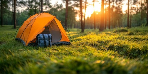 A solitary orange tent stands in a grassy clearing within a forest, bathed in the warm glow of the setting sun.