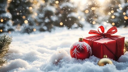 Christmas ornaments and a gift box surrounded by snow with snowy fir trees in the background