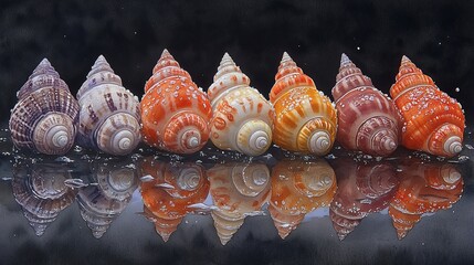 A row of seashells lined up on a black background, their intricate patterns and glossy surfaces reflecting the light, creating a symphony of color and texture.