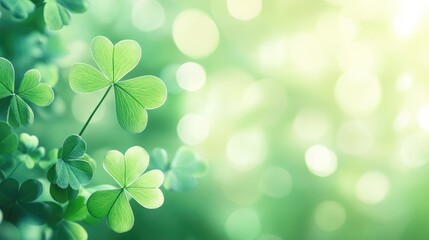 Clover leaves on a softly blurred green backdrop with bokeh lights Three leaved shamrocks symbolizing a festive celebration Ideal for card invitation or banner design