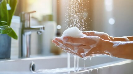 A close up of hands creating lather with soap under running water in a contemporary bathroom highlighting the significance of effective hand hygiene