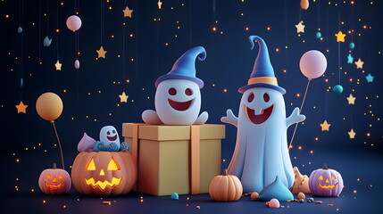 Wall Mural - A vector illustration of Halloween characters in 3d clay design, with space to text and decor by a gift box in a Happy Halloween concept, adorable and festive, isolated on a dark background