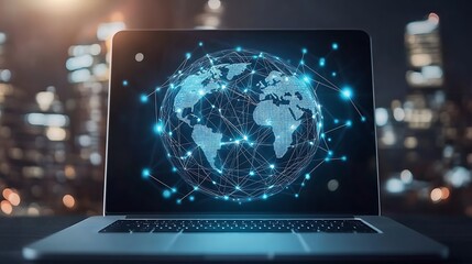 A laptop with a glowing world map on the screen, representing global connectivity.