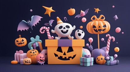 Wall Mural - A vector illustration of Halloween characters in 3d clay design, with space to text and decor by a gift box in a Happy Halloween concept, adorable and festive, isolated on a dark background