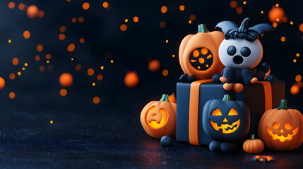 Wall Mural - A vector illustration of Halloween characters in 3d clay design, with space to text and decor by a gift box in a Happy Halloween concept, adorable and festive, isolated on a dark background