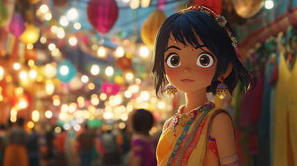 Indian anime girl in a beautiful anarkali dress, admiring the colours of a bustling festival