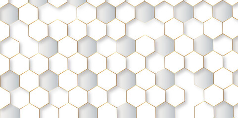 Abstract pattern with hexagonal white and gray technology line paper background. Hexagonal 3d vector grid tile and mosaic structure simple style hexagonal graphic concept. Futuristic surface design.	
