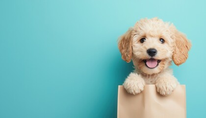 Happy Puppy Dog Looking Out Of Paper Bag On Blue Background