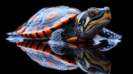 A vibrant turtle with a stunning black, orange, and yellow patterned shell, swimming in a clear, reflective body of water.