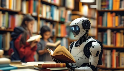 Engaged students immersed in reading within a library surrounded by softly blurred shelves of books, exploring the world of knowledge through Generative AI