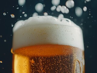 A close-up of a frothy beer in a glass, with bubbles rising and a dark background, emphasizing the drink's refreshing qualities.