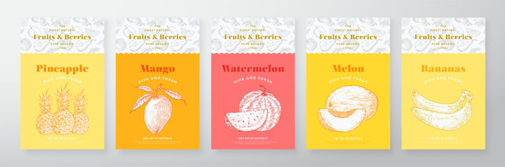 Wall Mural - fruits and berries pattern label templates set. vector packaging design layout collection modern typ