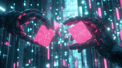 Two robotic hands exchanging glowing data cubes in a digital space.