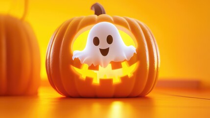 Playful Halloween ghost peeking from a glowing Jack lantern, framed by a bright orange background.